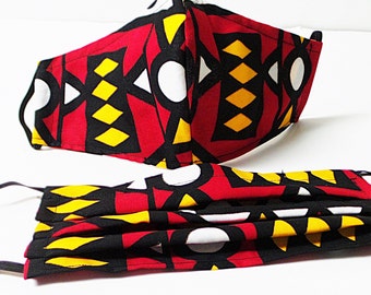 African Print Face Mask with Filter Pocket, Red, Yellow, Black Samakaka Print, 100% Cotton, Reusable, Washable, Made in USA