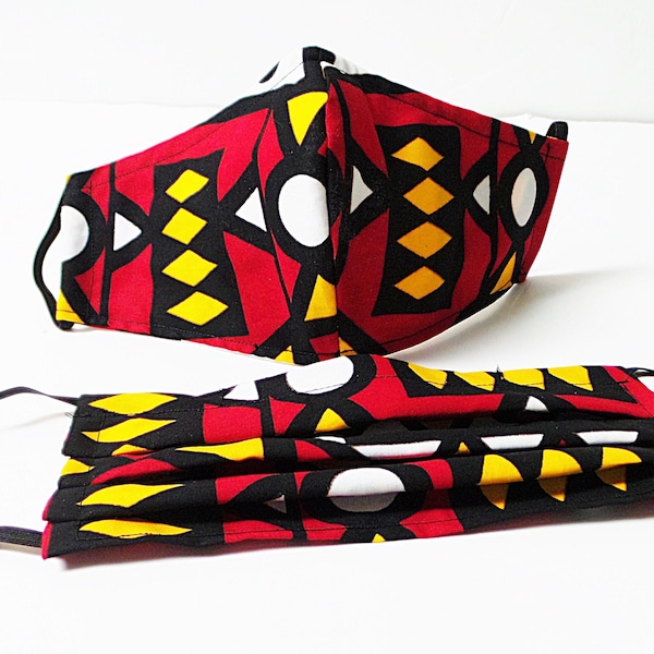 African Print Face Mask with Filter Pocket, Red, Yellow, Black Samakaka Print, 100% Cotton, Reusable, Washable, Made in USA