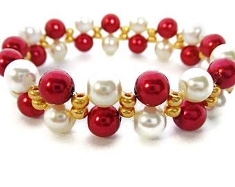 Red and White Pearl Beaded Double Strand Stretch Bracelet. Beaded Bracelet, Women’s Gift