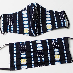 Cloth Face Mask Cover with Filter Pocket, Blue, Yellow and White Batik, African Print Face Mask, Reusable, Washable, 2 Layers, Made in USA