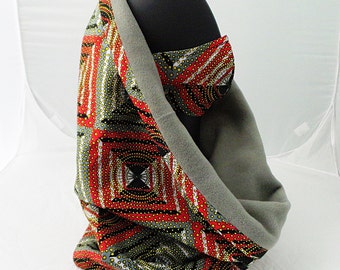 Geometric African Print Snood and Face Mask Set, African Scarf, Fleece Lined Scarves, Hooded Scarf, Fleece Hood, Ankara Fabric Snood