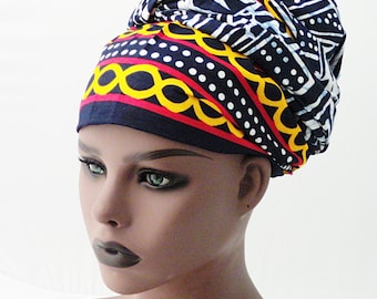 Bamileke Ndop Print Headwrap and Face Mask Set, Navy Blue, Yellow, Red Headwrap, African Print Headwrap, Ankara Print, Made in USA