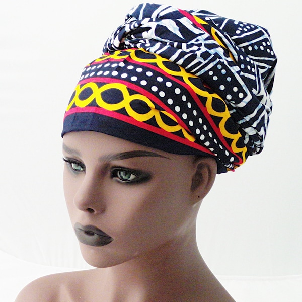 Bamileke Ndop Print Headwrap and Face Mask Set, Navy Blue, Yellow, Red Headwrap, African Print Headwrap, Ankara Print, Made in USA