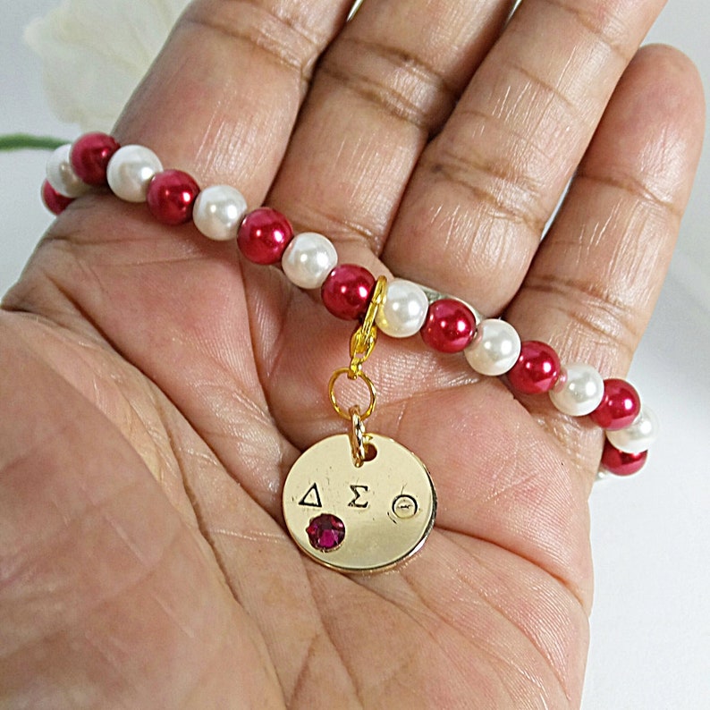 Greek Letter Charm, Hand Stamped Charm Sorority Bracelet Beaded Bracelet Delta Sigma Theta Sorority Charm Bracelet DST Charm