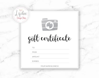 Printable Silver Camera Gift Certificate template | Editable Photography Studio Gift Card Design Photoshop template PSD INSTANT DOWNLOAD