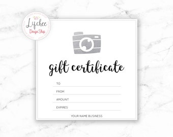 Printable Silver Camera Gift Certificate template | Editable Photography Studio Gift Card Design Photoshop template PSD INSTANT DOWNLOAD
