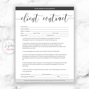 May include: A black and white client contract for photography services. The contract includes sections for client information, session details, photographer fees, and client signature.