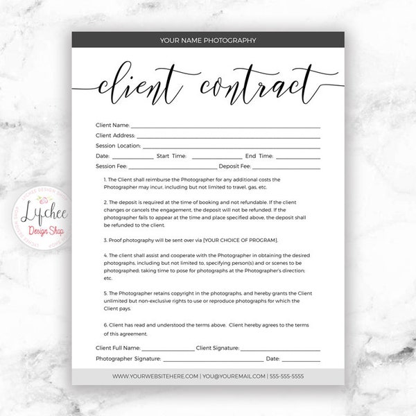 Client Contract Template Script Font 8.5x11 | Printable Photography Mini Session Contract Photoshop template PSD | INSTANT DOWNLOAD