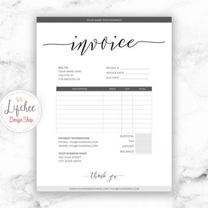 Printable Invoice Template 8.5x11 | Editable Minimalist Script Photography Business Invoice Microsoft Word Template | INSTANT DOWNLOAD