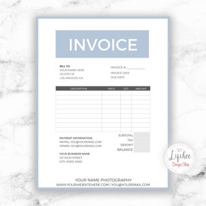 Druckbare Rechnung Vorlage 8,5x11 | Baby Blau Bearbeitbare Minimalistische Fotografie Business Rechnung Photoshop Vorlage PSD | SOFORT DOWNLOAD