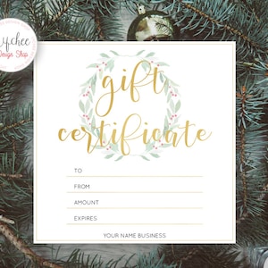 Modèle imprimable de certificat-cadeau de feuille d'or de guirlande d'aquarelle de Noël | Modèle de carte-cadeau modifiable Photoshop PSD TÉLÉCHARGEMENT INSTANTANÉ