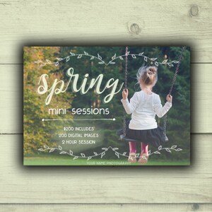 May include: A flyer advertising spring mini photography sessions. The flyer features a girl on a swing in a green and brown background. The text on the flyer reads "Spring mini sessions $200 includes 200 digital images 2 hour session Your Name Photography."