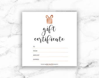 Printable Rose Gold Gift Certificate Template | Editable Photography Studio Gift Card design | Photoshop template PSD | INSTANT DOWNLOAD