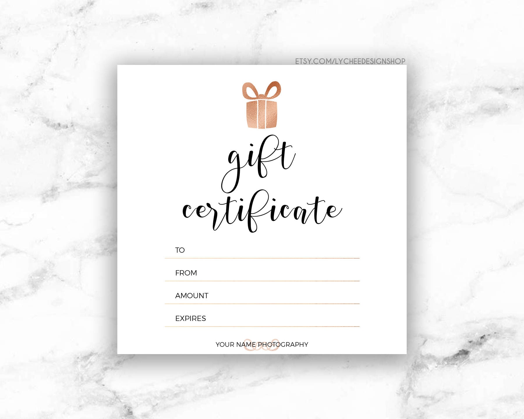 Printable Rose Gold Gift Certificate Template  Editable Photography Studio  Gift Card design  Photoshop template PSD  INSTANT DOWNLOAD Regarding Present Card Template