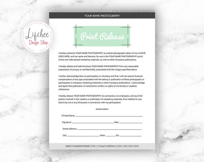 Photography Print Release and Model Release Photoshop Template NG013 ...