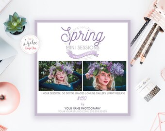 May include: A purple and white flyer advertising spring mini photography sessions. The flyer features two photos of women wearing flower crowns and the text "Spring Mini Sessions Now Booking!"  1 hour session | 50 digital images | online gallery | print release $150 Your Name Photography you@yourstudio.com | 555.555.5555