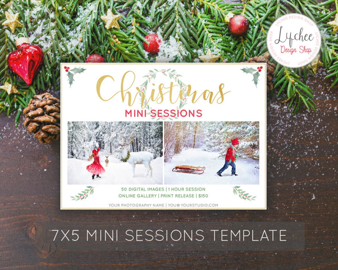 Watercolor Wreath Gold Foil Christmas Mini Session Marketing Etsy