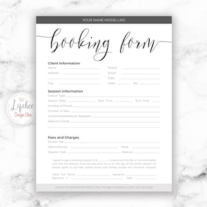 Client Booking Form Template for Models | Script Font 8.5x11 | Printable Modelling Booking Form Photoshop template PSD | INSTANT DOWNLOAD