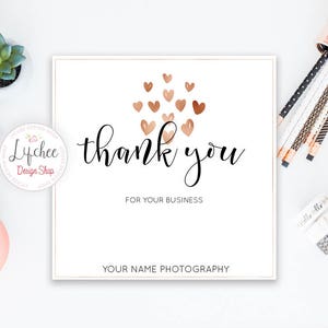Photographer Business Rose Gold Hearts Square Thank You Card | Photography Branding Thank You Note | Adobe Photoshop PSD Template