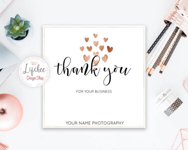 May include: A white thank you card with a gold heart design and the text "Thank you for your business, Your Name Photography".