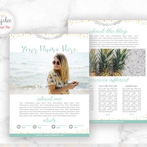 May include: A teal and white flyer with gold confetti. The flyer has a photo of a woman on the beach, text that says "Your Name Here", and the words "about me", "about the blog", "services offered", and "stats".