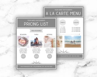Minimalistische bewerkbare fotografie prijslijstsjabloon 8.5x11 | Afdrukbare prijslijst Prijsgids Photoshop-sjabloon PSD | DIRECTE DOWNLOAD
