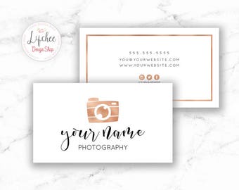 Rose Gold Camera Photographer Business Card Template 3.5x2 | Rose Gold Foil Photography Design Photoshop Template PSD INSTANT DOWNLOAD
