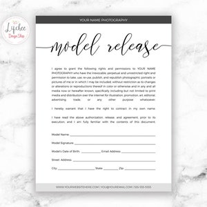 May include: A black and white model release form with the text "model release" in cursive. The form includes fields for the model's name, signature, date of birth, address, and email address. The form also includes the text "I agree to grant the following rights and permissions to YOUR NAME PHOTOGRAPHY who have the irrevocable, perpetual and unrestricted right and permission to take, use, re-use, publish, and republish photographic portraits or pictures of me or in which I may be included, without restriction as to changes or alterations or reproductions thereof in color or otherwise and in any and all media now or hereafter known, specifically including but not limited to print media and distribution over the internet for illustration, promotion, art, editorial, advertising, trade, or any other purpose whatsoever."