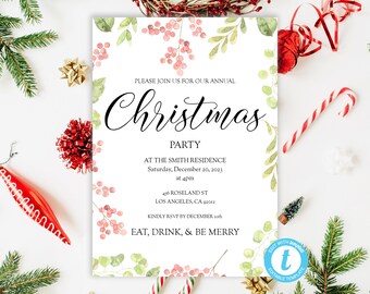 Christmas Party Editable Invite Card Template 5x7 | Winter Holly and Leaves Holiday Dinner Printable Invitation Instant Download Templett