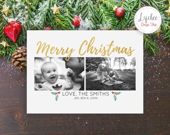 Printable Gold Foil Merry Christmas Card Digital Template 7x5 card | Watercolor Holiday Photo Card Photoshop Template PSD INSTANT DOWNLOAD