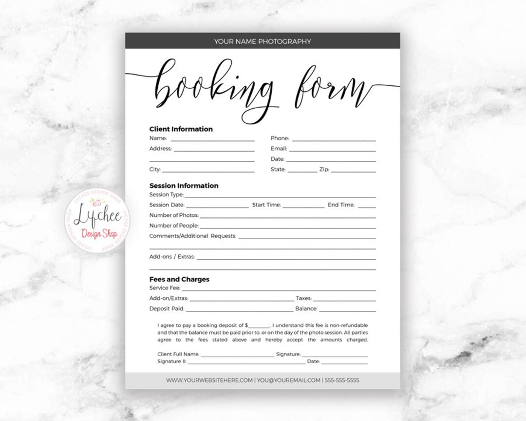Client Booking Form Template Script Font 8.5x11 | Printable Photography ...