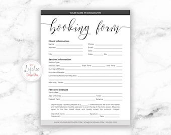 Client Booking Form Template Script Font 8.5x11 | Printable Photography Booking Form Photoshop template PSD | INSTANT DOWNLOAD