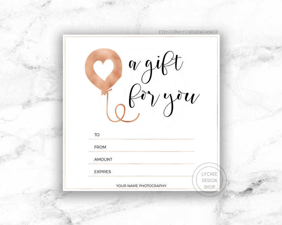 printable rose gold heart balloon gift certificate editable etsy