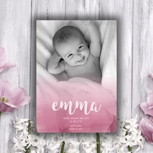 Watercolor New Baby Girl Birth Announcement Card Digital Template 5x7 | Newborn Photo Card | Photoshop template PSD | INSTANT DOWNLOAD