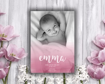 Watercolor New Baby Girl Birth Announcement Card Digital Template 5x7 | Newborn Photo Card | Photoshop template PSD | INSTANT DOWNLOAD