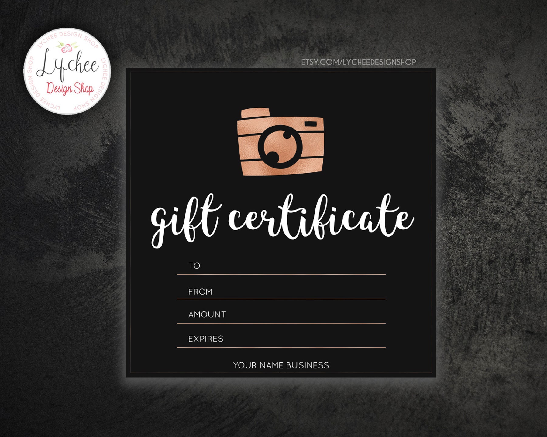 Printable Rose Gold Camera Gift Certificate Template | Dark Theme ...