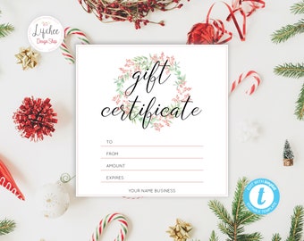 Printable Christmas Watercolor Holly Leaf Gold Foil Gift Certificate Template | Editable Gift Card Templett INSTANT DOWNLOAD
