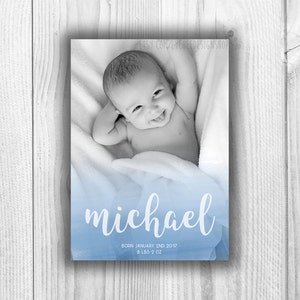 Acuarela nuevo bebé niño nacimiento anuncio tarjeta plantilla Digital 5x7 / tarjeta de foto recién nacido / plantilla de Photoshop PSD / DESCARGA INSTANTE