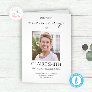 May include: A white memorial card with a black border and a photo of a woman. The text reads "In loving memory of Claire Smith, May 10, 1933 to April 4, 2020. Sunday, May 15, 2020 at 11am, St. George Cathedral, San Francisco, CA."