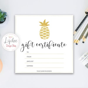 Szablon certyfikatu upominkowego Gold Pineapple dla biznesu fotograficznego | Uroczy edytowalny projekt karty podarunkowej Szablon programu Photoshop PSD NATYCHMIASTOWE POBIERANIE