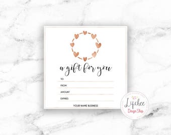 Printable Rose Gold Heart Wreath Gift Certificate Template | Editable gift card design | Photoshop photography template PSD INSTANT DOWNLOAD