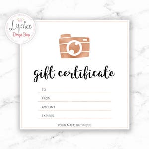 Printable Rose Gold Camera Gift Certificate template | Editable Photography Studio Gift Card Design Photoshop template PSD INSTANT DOWNLOAD