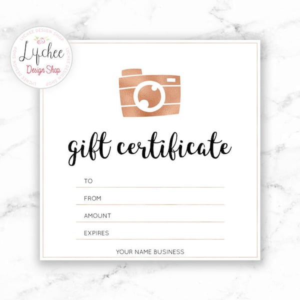 Plantilla imprimible de certificado de regalo de cámara de oro rosa / Plantilla de Photoshop de diseño de tarjeta de regalo de estudio de fotografía editable PSD DESCARGA INSTANTÁNEA