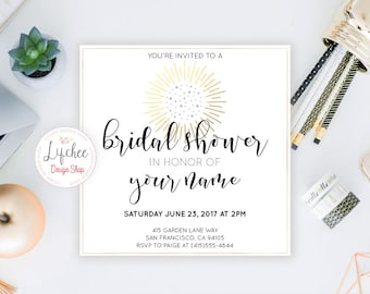 Editable Gold Silver Foil Bridal Shower Bachelorette Party 5x5 Square Invite Card | Bride Squad Invitation Card | Photoshop template PSD