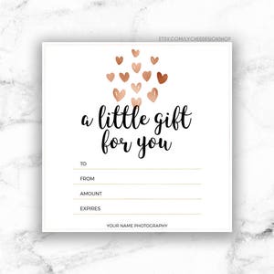 Plantilla imprimible de certificado de regalo de corazones de oro rosa / Diseño de tarjeta de regalo editable / Plantilla de Microsoft Word y Photoshop DOCX DOC PSD