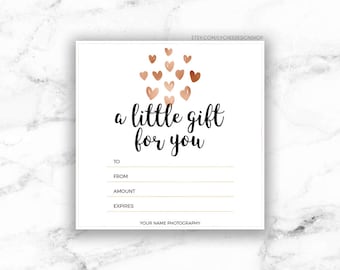 Printable Rose Gold Hearts Gift Certificate template | Editable Gift Card Design | Microsoft Word & Photoshop template DOCX DOC PSD