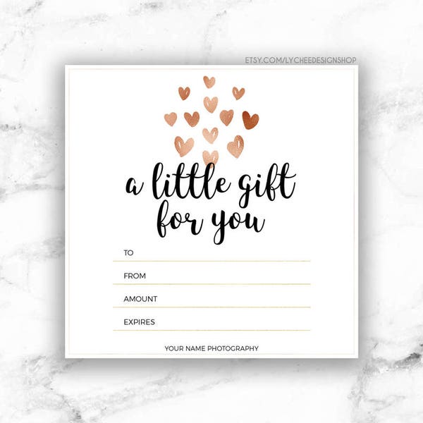 Printable Rose Gold Hearts Gift Certificate template | Editable Gift Card Design | Microsoft Word & Photoshop template DOCX DOC PSD