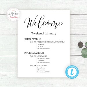 Printable Minimal Wedding Welcome Note 8.5&quot;x11&quot; | Editable Calligraphy Weekend Itinerary Card Template | Digital Instant Download Templett