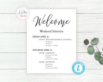 Printable Minimal Wedding Welcome Note 8.5"x11" | Editable Calligraphy Weekend Itinerary Card Template | Digital Instant Download Templett
