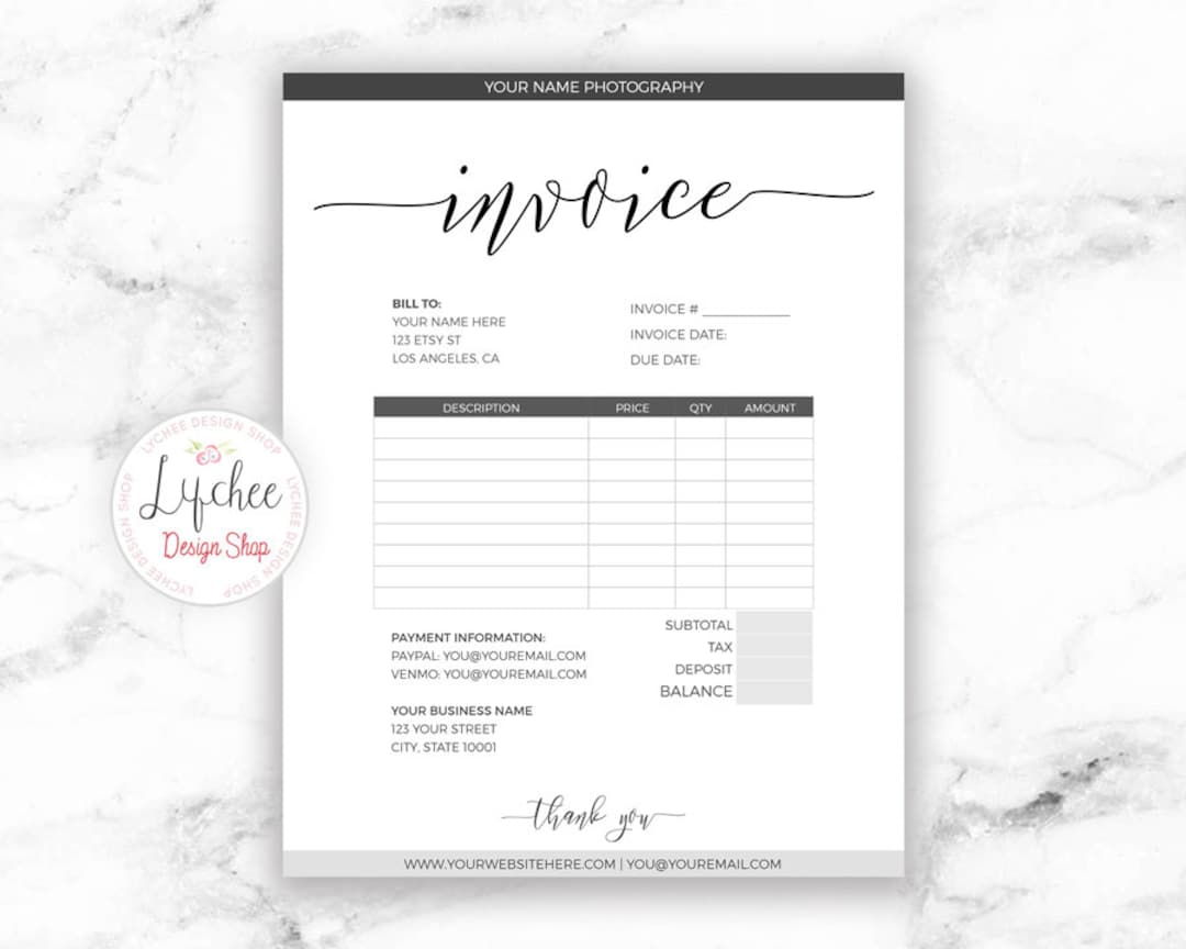 Printable Invoice Template 8.5x11 | Editable Minimalist Script Photography Business Invoice ...